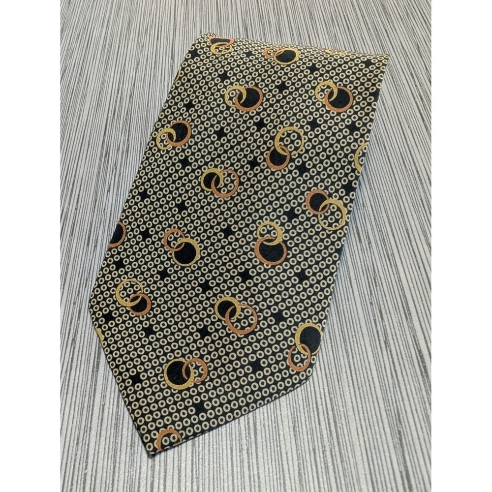 Emporio Armani 100% Silk Tie Made in Italy Geometric Circle Pattern Black Gold